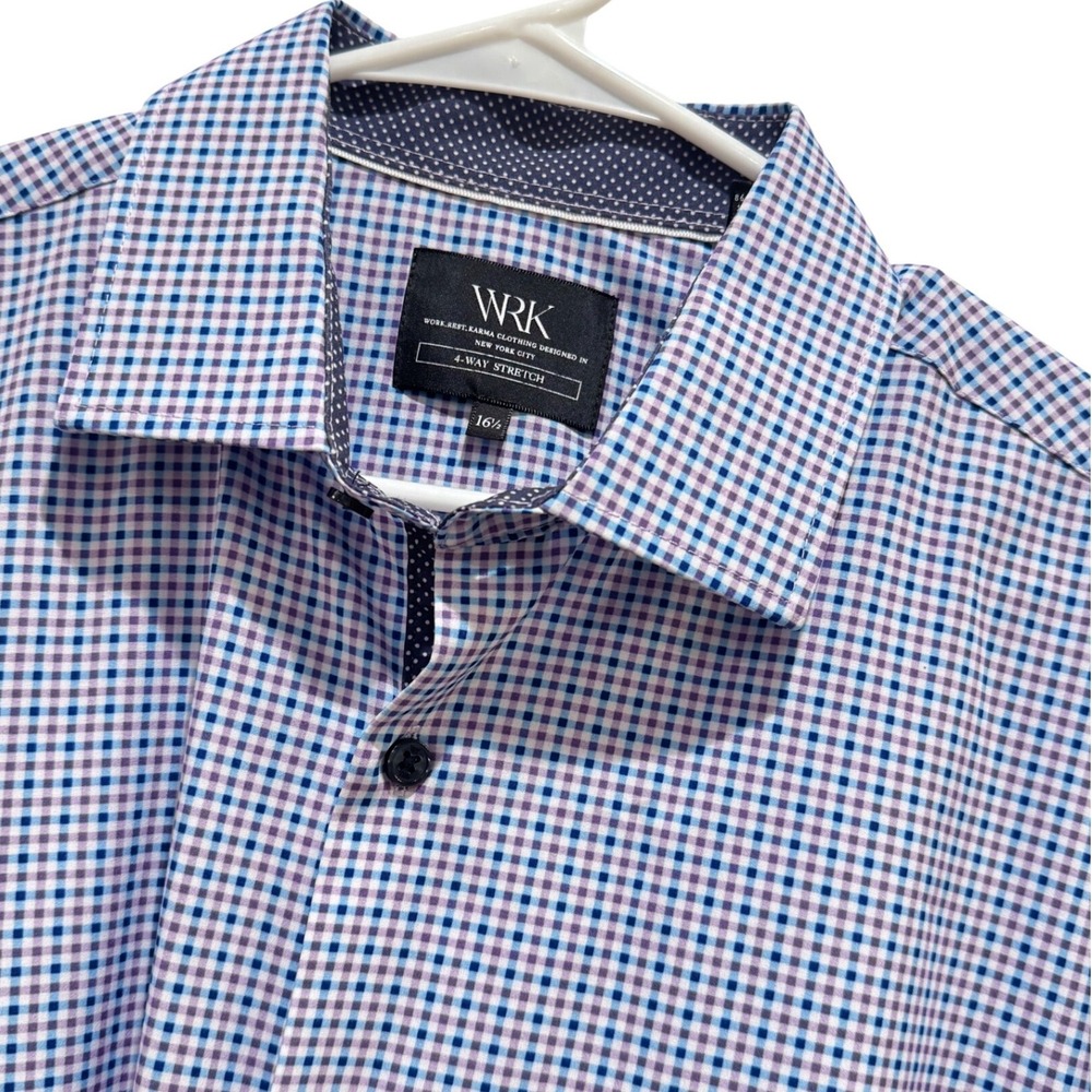 WRK Button Down Shirt Mens 16.5 Blue Purple Gingham 4-Way Stretch Performance‎